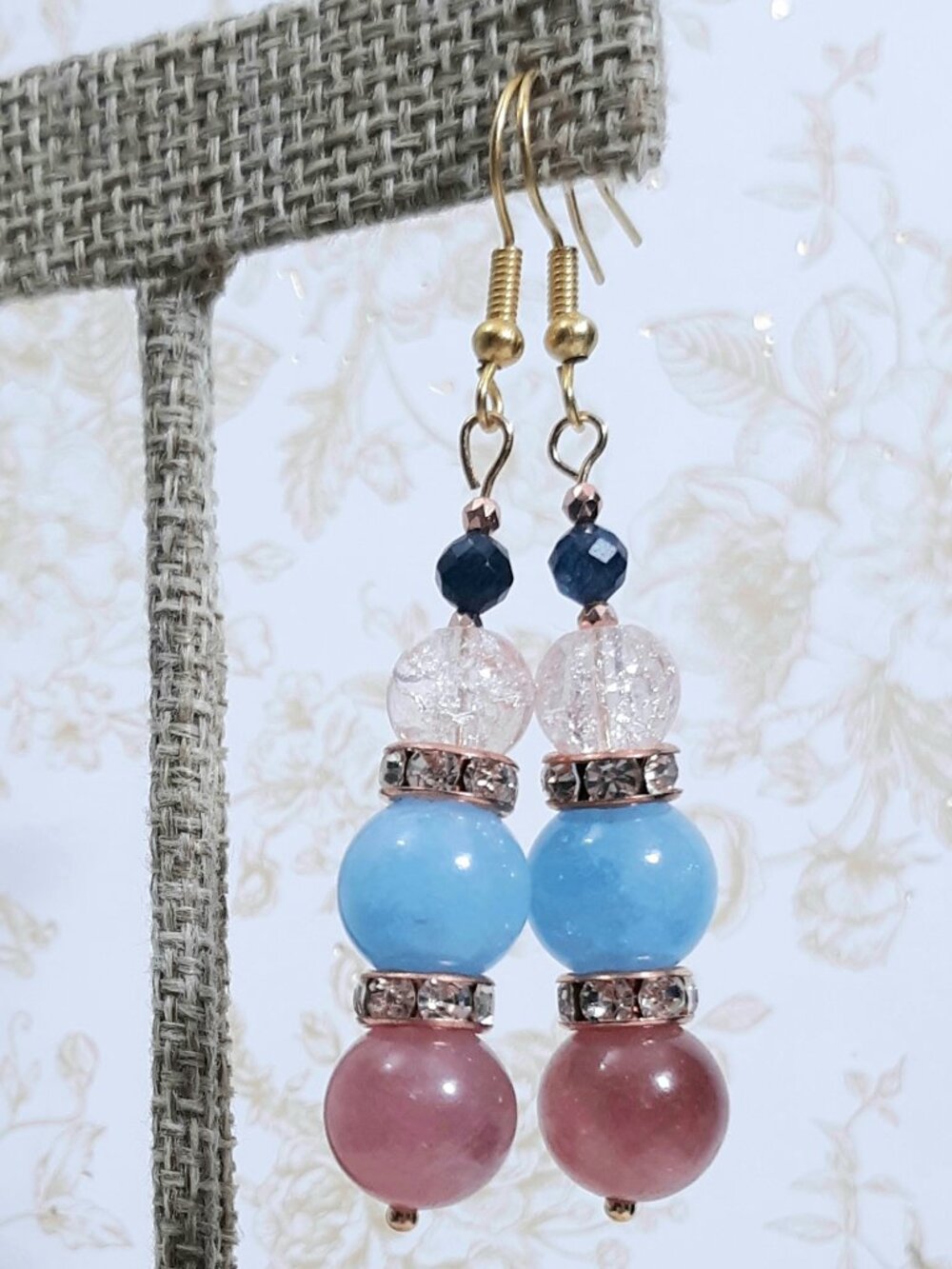 Colorful Gemstone Dangle Earrings Pink Blue Strawberry Quartz Aqua Quartz gold